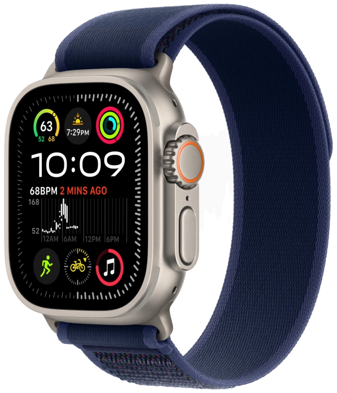 Фото Apple Watch Ultra 2 GPS + Cellular, 49 мм, корпус из бежевого титана, ремешок Trail синего цвета, размер S/M На фото изображено Apple Watch Ultra 2 GPS + Cellular, 49 мм, корпус из бежевого титана, ремешок Trail синего цвета, размер S/M
