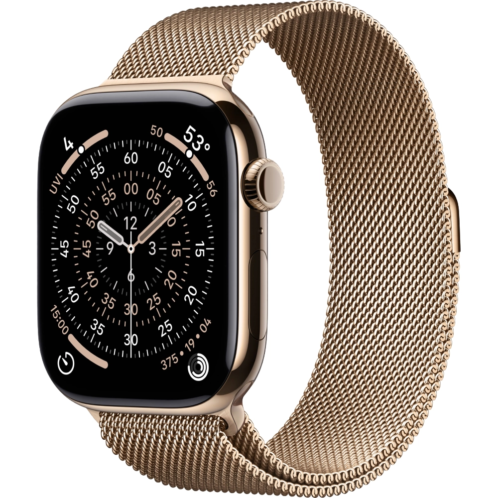 Фото Apple Watch Series 11, 46 мм, корпус из титана цвета «золотой», ремешок Milanese золотого цвета, размер M/L Фото Apple Watch Series 11, 46 мм, корпус из титана цвета «золотой», ремешок Milanese золотого цвета, размер M/L