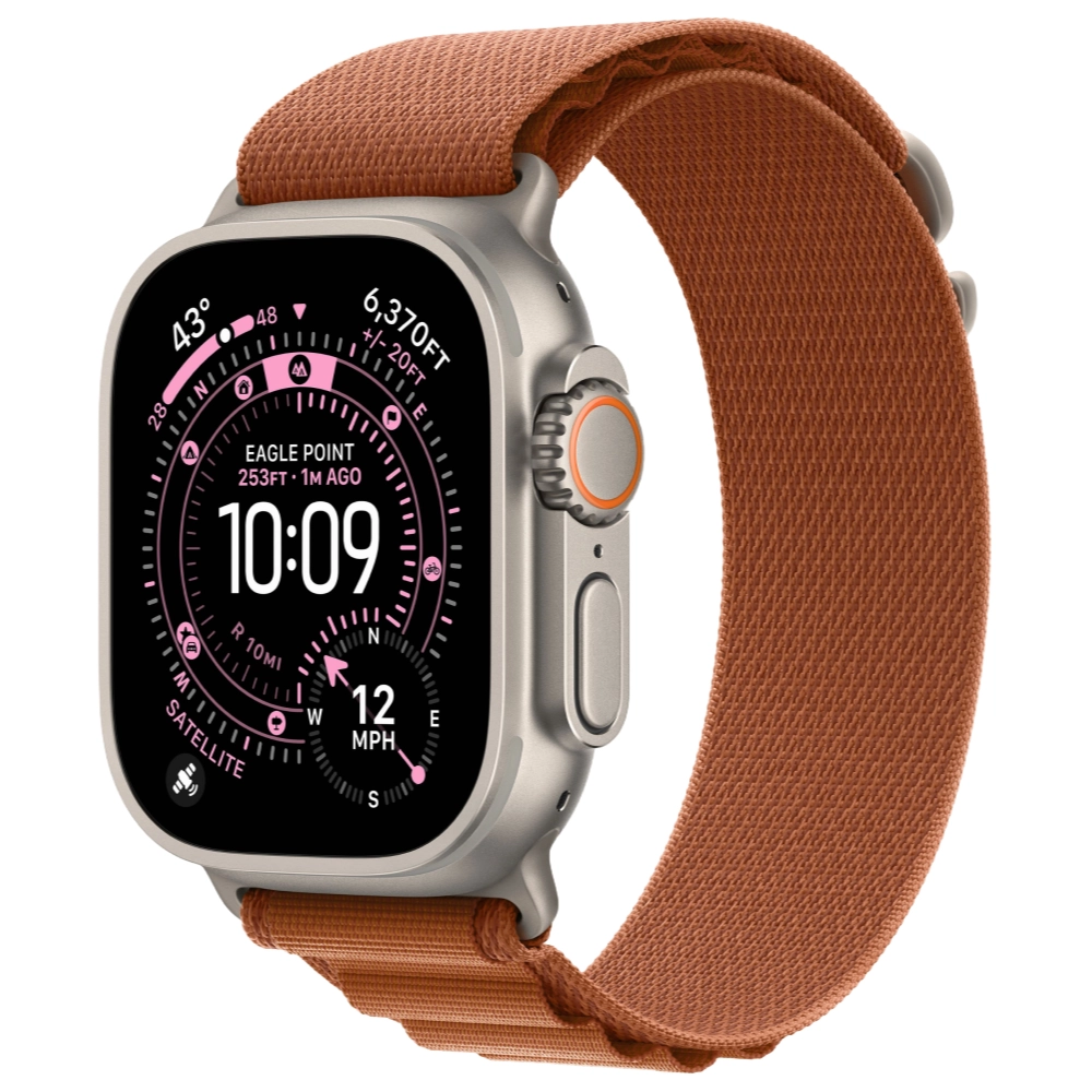 На фото изображено Apple Watch Ultra 3 GPS + Cellular, 49 мм, корпус из натурального титана, ремешок Alpine, цвет терракотовый, M