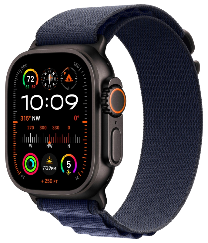 На фото изображено Apple Watch Ultra 2 GPS + Cellular, 49 мм, корпус из черного титана, ремешок Alpine темно-синего цвета, размер S