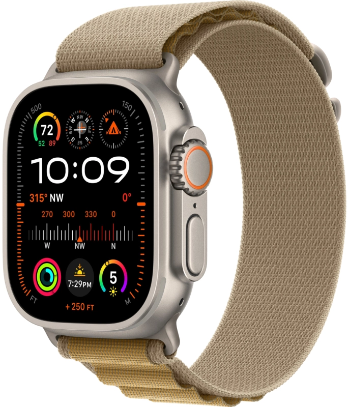 Фото Apple Watch Ultra 2 GPS + Cellular, 49 мм, корпус из бежевого титана, ремешок Alpine цвета Загар, размер S На фото изображено Apple Watch Ultra 2 GPS + Cellular, 49 мм, корпус из бежевого титана, ремешок Alpine цвета Загар, размер S