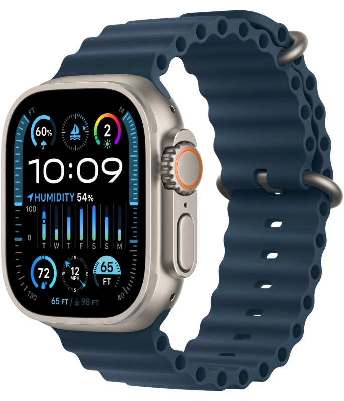 На фото изображено Apple Watch Ultra 2 GPS + Cellular, 49 мм, корпус из титана, ремешок Ocean цвет Синий