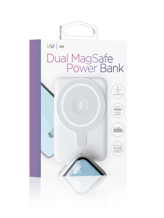 Аккумулятор внешний VLP Dual Magsafe PowerBank 5000 mAh, USB-C, белый Аккумулятор внешний VLP Dual Magsafe PowerBank 5000 mAh, USB-C, белый