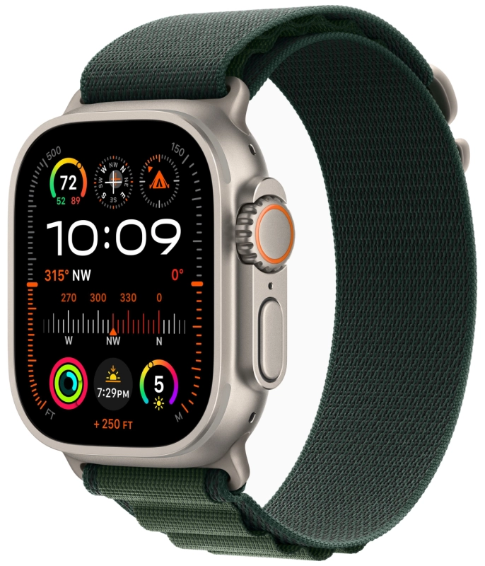 Фото Apple Watch Ultra 2 GPS + Cellular, 49 мм, корпус из бежевого титана, ремешок Alpine зелёного цвета, размер S Фото Apple Watch Ultra 2 GPS + Cellular, 49 мм, корпус из бежевого титана, ремешок Alpine зелёного цвета, размер S
