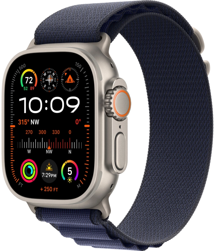 Фото Apple Watch Ultra 2 GPS + Cellular, 49 мм, корпус из бежевого титана, ремешок Alpine темно-синего цвета, размер S Фото Apple Watch Ultra 2 GPS + Cellular, 49 мм, корпус из бежевого титана, ремешок Alpine темно-синего цвета, размер S