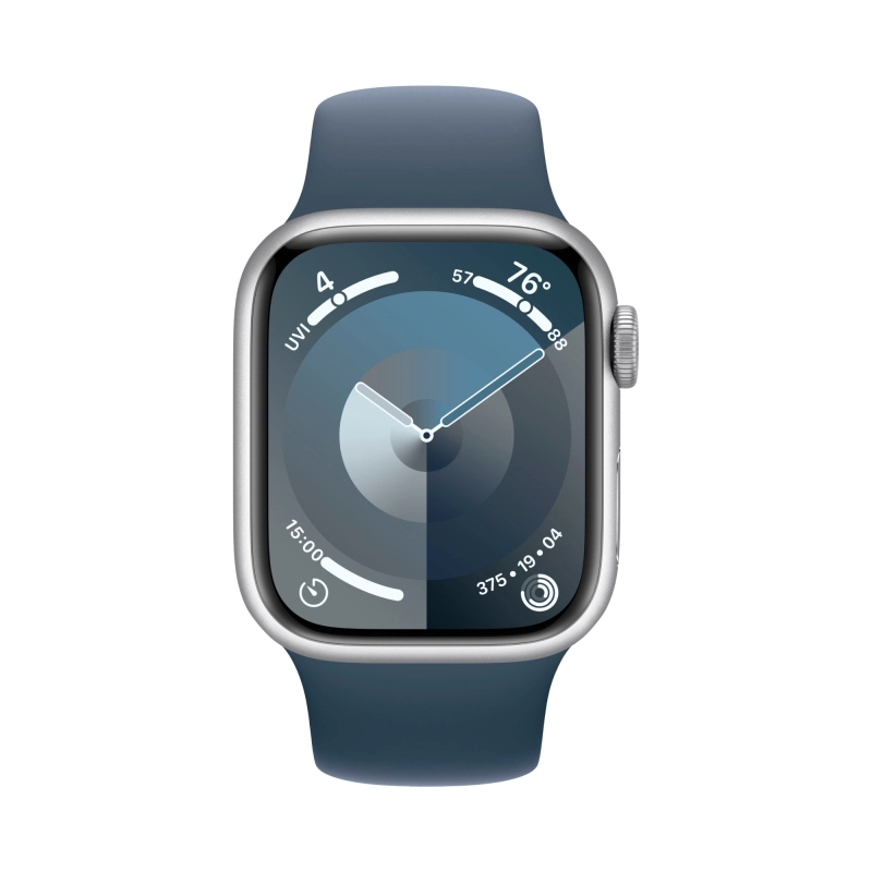 Apple Watch Series 9, 45 мм, корпус из алюминия цвета «Серебристый», спортивный ремешок, размер S/M