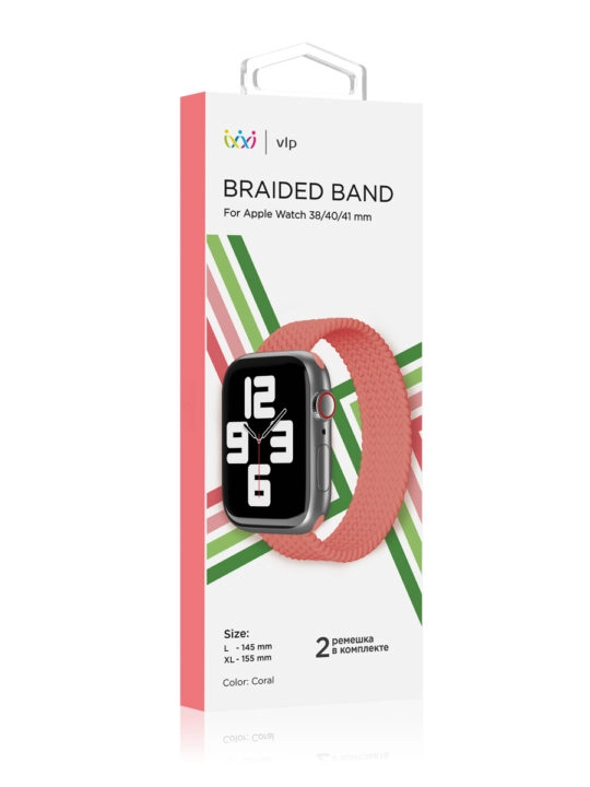 Ремешок нейлоновый плетёный VLP для Apple Watch 38/40/41, L/XL, коралловый