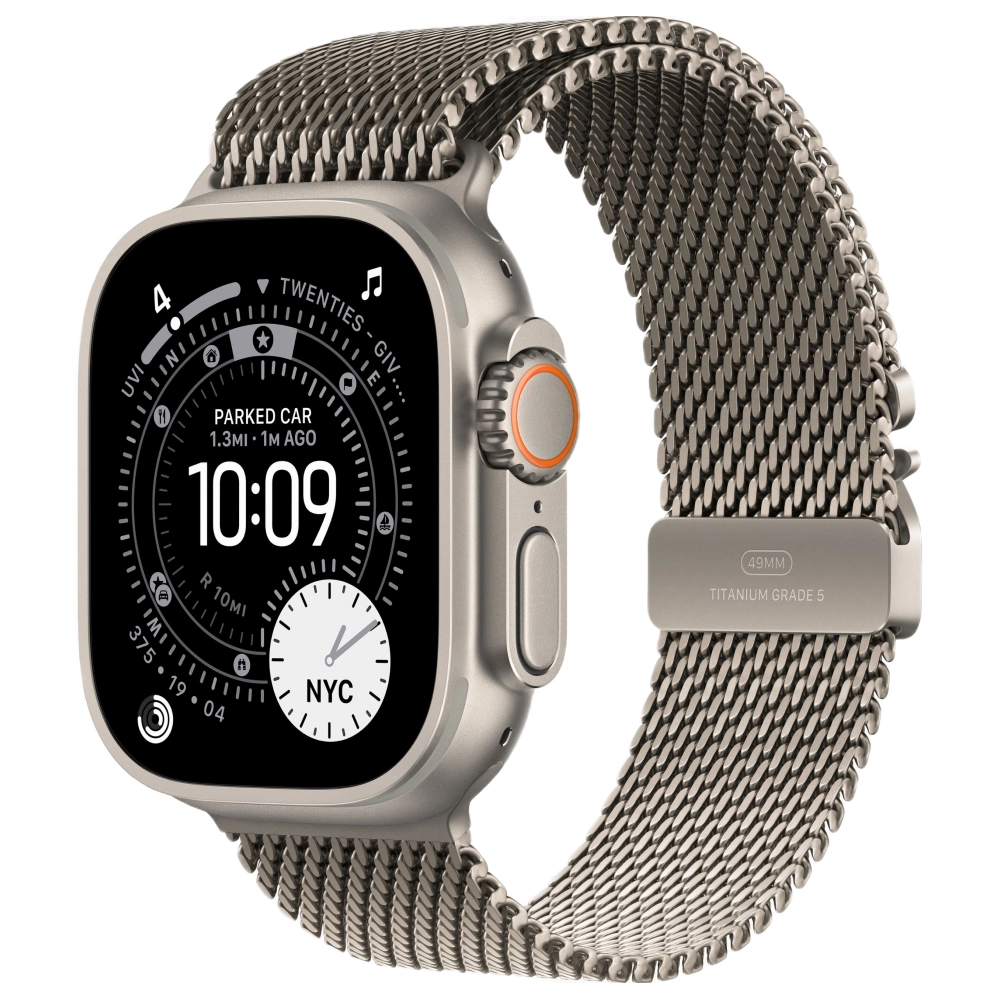 На фото изображено Apple Watch Ultra 3 GPS + Cellular, 49 мм, корпус из натурального титана, ремешок Milanese цвета «натуральный титан», размер M