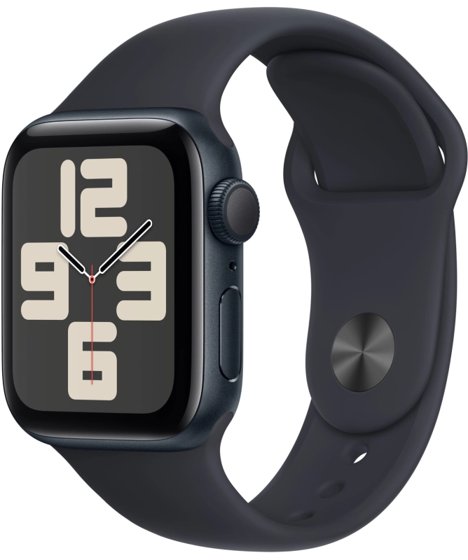 Фото Apple Watch SE 2024, 44 мм, корпус из алюминия цвета «Тёмная ночь», спортивный ремешок, размер M/L На фото изображено Apple Watch SE 2024, 44 мм, корпус из алюминия цвета «Тёмная ночь», спортивный ремешок, размер M/L