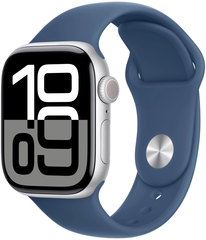 Фото Apple Watch Series 10, 42 мм, корпус из алюминия цвета серебристый, спортивный ремешок, размер S/M На фото изображено Apple Watch Series 10, 42 мм, корпус из алюминия цвета серебристый, спортивный ремешок, размер S/M