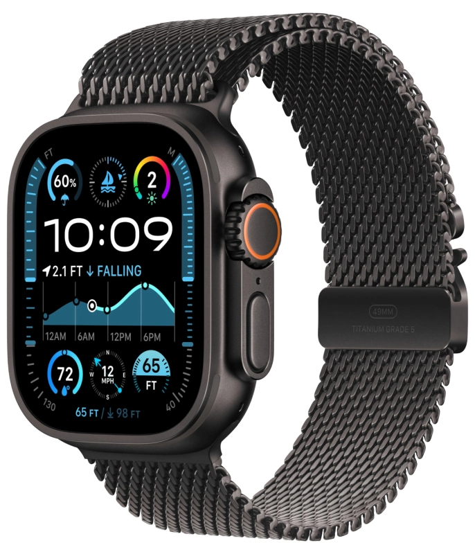 Фото Apple Watch Ultra 2 GPS + Cellular, 49 мм, корпус из черного титана, ремешок Milanese черного цвета, размер L На фото изображено Apple Watch Ultra 2 GPS + Cellular, 49 мм, корпус из черного титана, ремешок Milanese черного цвета, размер L