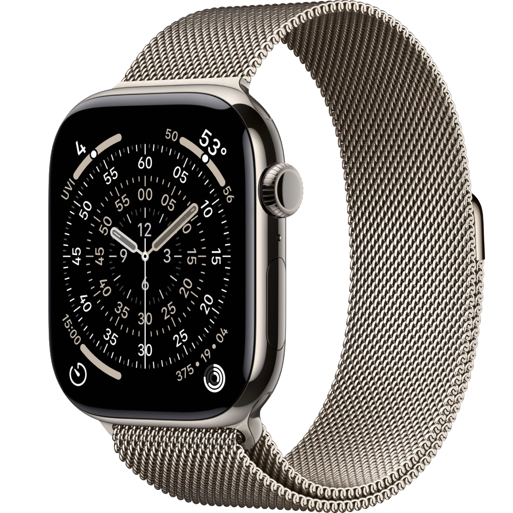На фото изображено Apple Watch Series 11, 46 мм, корпус из титана цвета «натуральный титан», ремешок Milanese титанового цвета, размер M/L