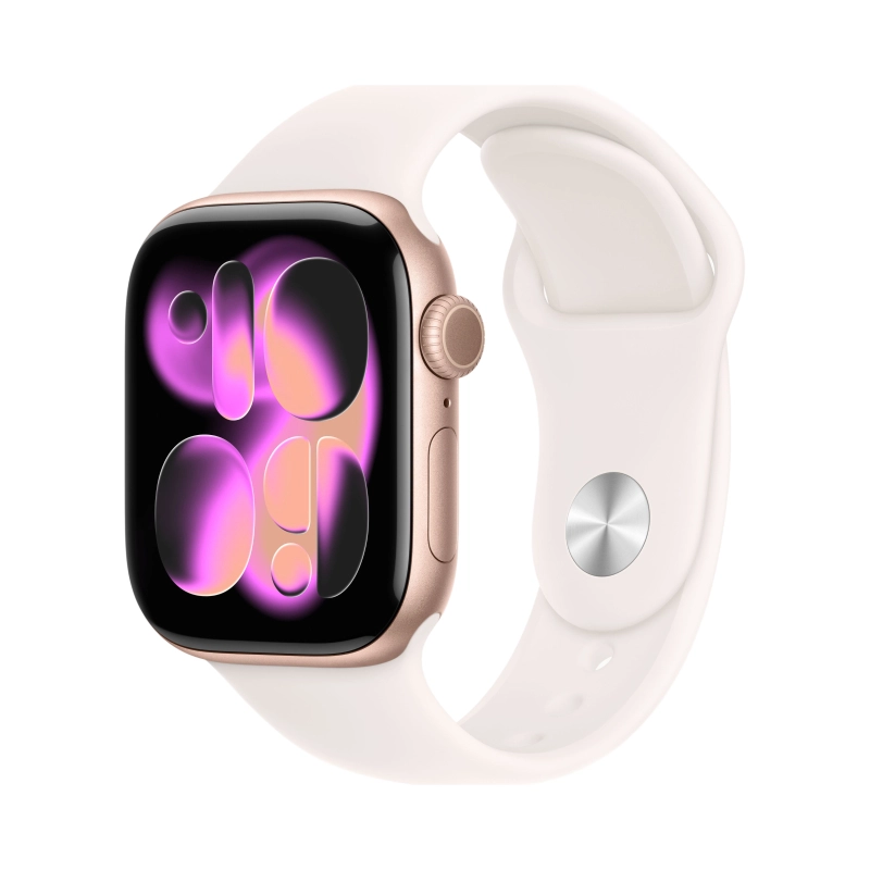 Фото Apple Watch Series 11, 42 мм, корпус из алюминия цвета «Розовое золото», спортивный ремешок, размер S/M На фото изображено Apple Watch Series 11, 42 мм, корпус из алюминия цвета «Розовое золото», спортивный ремешок, размер S/M