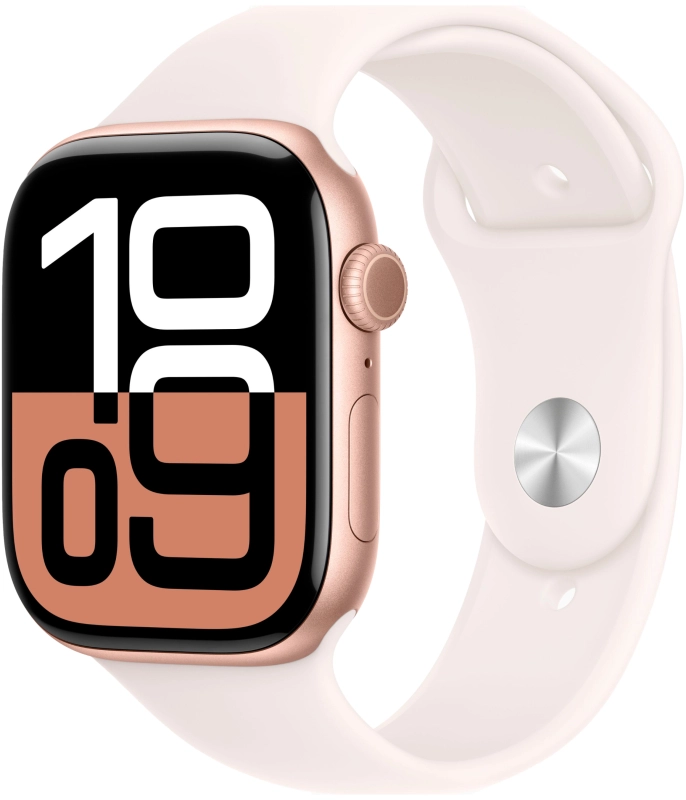 Фото Apple Watch Series 10, 46 мм, корпус из алюминия цвета «розовое золото», спортивный ремешок, размер M/L На фото изображено Apple Watch Series 10, 46 мм, корпус из алюминия цвета «розовое золото», спортивный ремешок, размер M/L