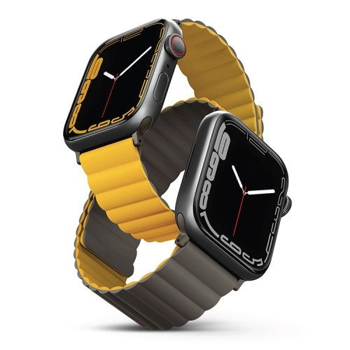 Фото Ремешок силиконовый двусторонний Uniq для Apple Watch (44,45,46,49 мм), жёлтый-серый