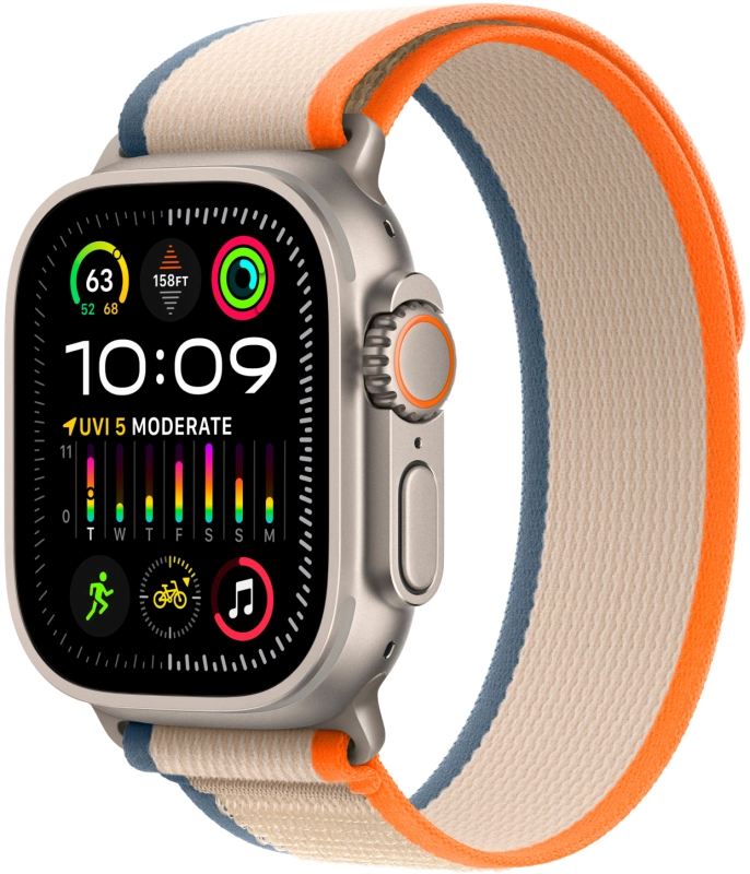 Фото Apple Watch Ultra 2 GPS + Cellular, 49 мм, корпус из титана, ремешок Trail цвет Оранжево/бежевый, S/M На фото изображено Apple Watch Ultra 2 GPS + Cellular, 49 мм, корпус из титана, ремешок Trail цвет Оранжево/бежевый, S/M