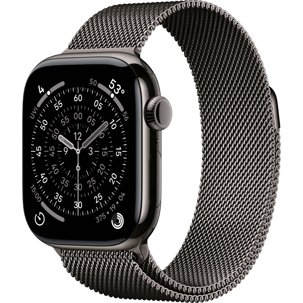 Фото Apple Watch Series 11, 42 мм, корпус из титана цвета «серый», ремешок Milanese серого цвета, размер S/M На фото изображено Apple Watch Series 11, 42 мм, корпус из титана цвета «серый», ремешок Milanese серого цвета, размер S/M