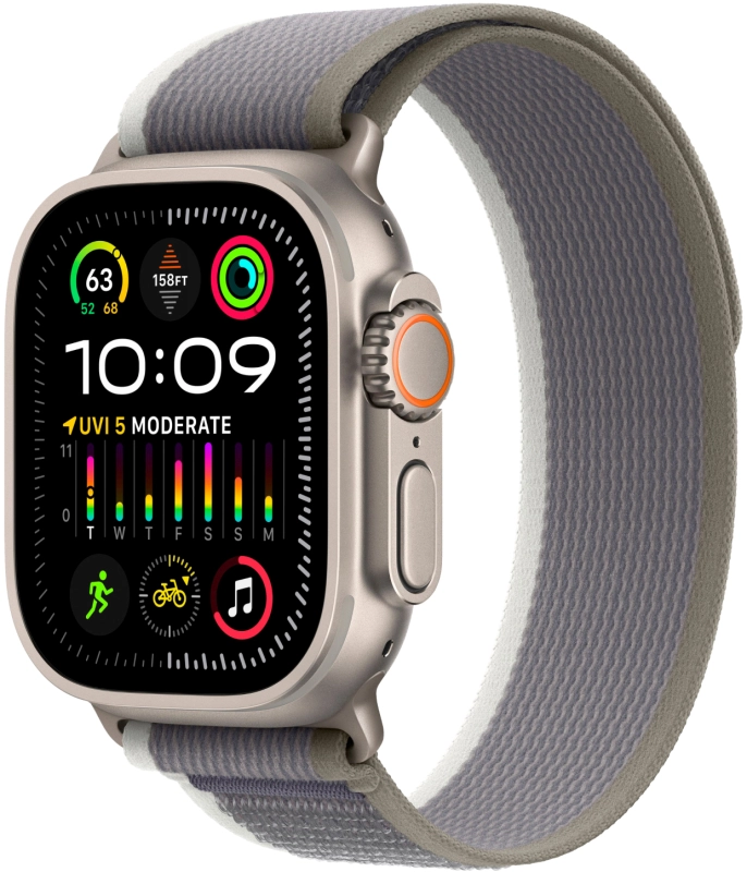 Фото Apple Watch Ultra 2 GPS + Cellular, 49 мм, корпус из титана, ремешок Trail цвет Зелено/серый, S/M На фото изображено Apple Watch Ultra 2 GPS + Cellular, 49 мм, корпус из титана, ремешок Trail цвет Зелено/серый, S/M