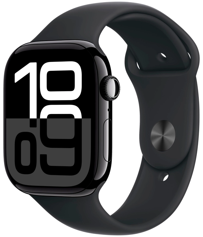 На фото изображено Apple Watch Series 10, 46 мм, корпус из алюминия цвета «чёрный глянец», спортивный ремешок, размер M/L