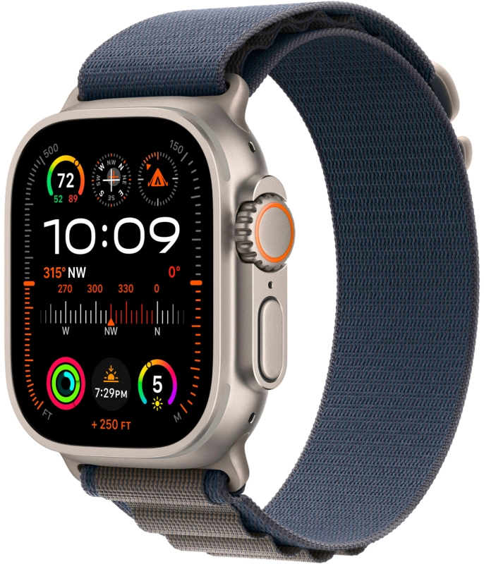 Фото Apple Watch Ultra 2 GPS + Cellular, 49 мм, корпус из титана, ремешок Alpine, цвет синий, L На фото изображено Apple Watch Ultra 2 GPS + Cellular, 49 мм, корпус из титана, ремешок Alpine, цвет синий, L