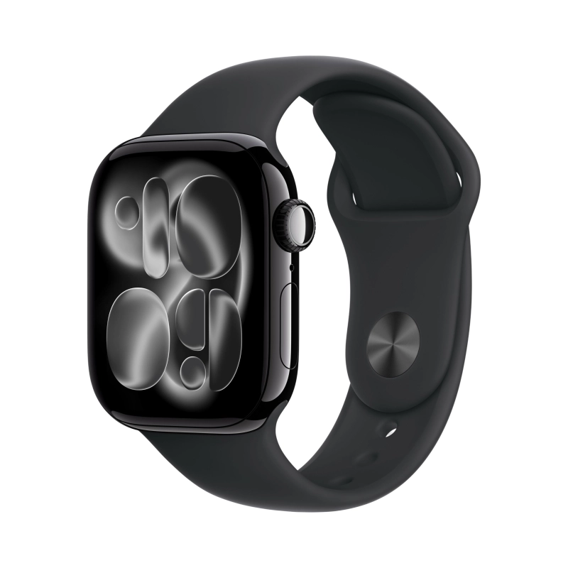 Фото Apple Watch Series 11, 42 мм, корпус из алюминия цвета «Чёрный оникс», спортивный ремешок, размер S/M На фото изображено Apple Watch Series 11, 42 мм, корпус из алюминия цвета «Чёрный оникс», спортивный ремешок, размер S/M