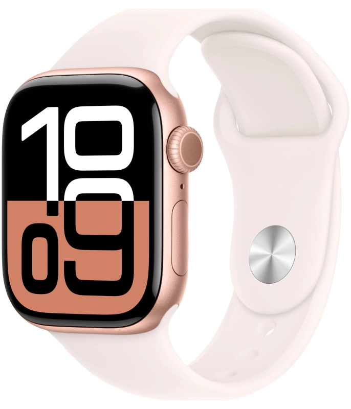 Фото Apple Watch Series 10, 42 мм, корпус из алюминия цвета «розовое золото», спортивный ремешок, размер M/L На фото изображено Apple Watch Series 10, 42 мм, корпус из алюминия цвета «розовое золото», спортивный ремешок, размер M/L