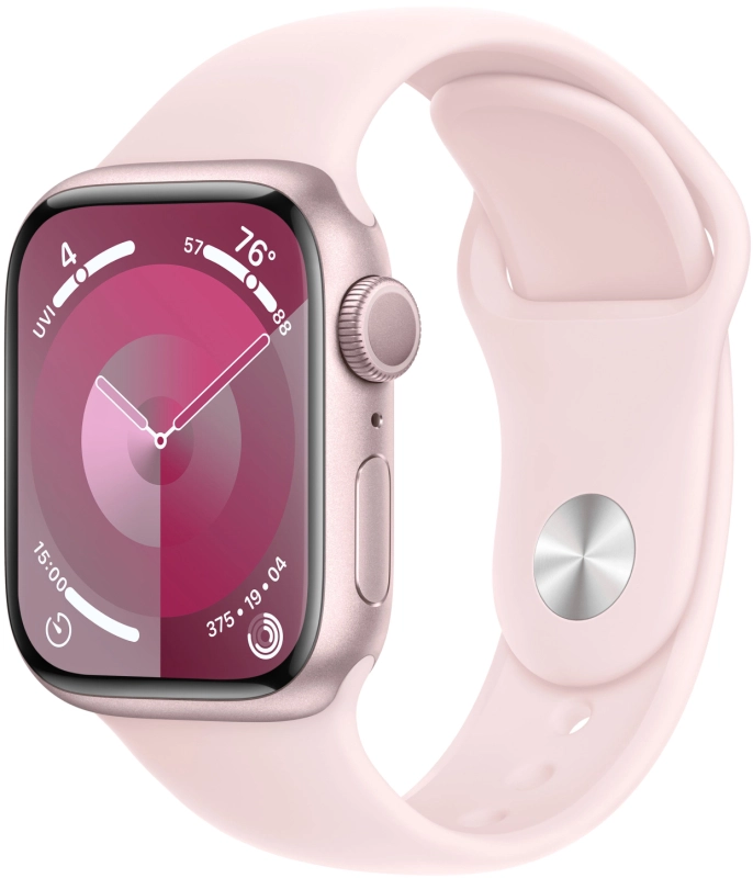 Фото Apple Watch Series 9, 41 мм, корпус из алюминия цвета «Розовый», спортивный ремешок, размер M/L На фото изображено Apple Watch Series 9, 41 мм, корпус из алюминия цвета «Розовый», спортивный ремешок, размер M/L