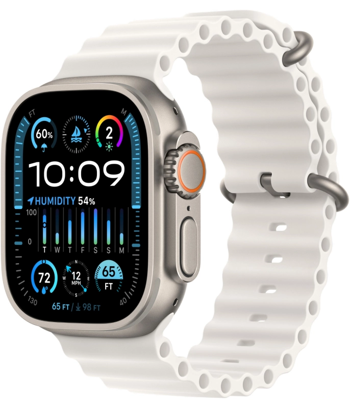 На фото изображено Apple Watch Ultra 2 GPS + Cellular, 49 мм, корпус из титана, ремешок Ocean цвет Белый