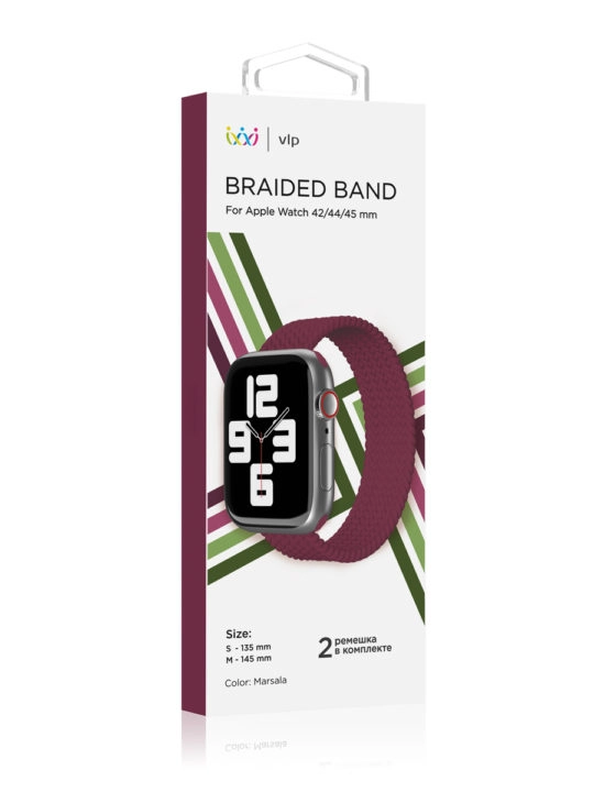 Ремешок нейлоновый плетёный VLP для Apple Watch 42/44/45, S/M, марсала