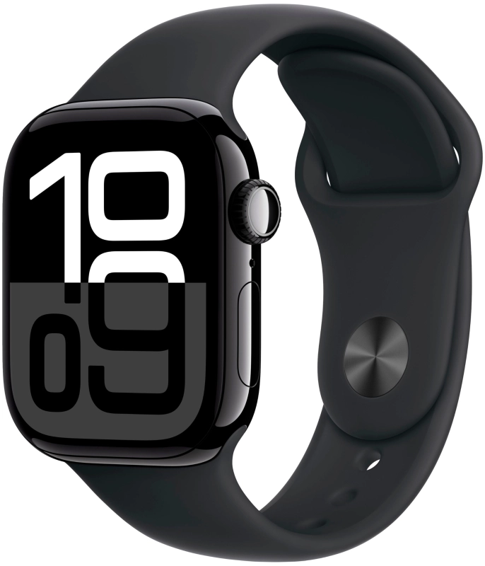 Фото Apple Watch Series 10, 42 мм, корпус из алюминия цвета «чёрный глянец», спортивный ремешок, размер S/M На фото изображено Apple Watch Series 10, 42 мм, корпус из алюминия цвета «чёрный глянец», спортивный ремешок, размер S/M