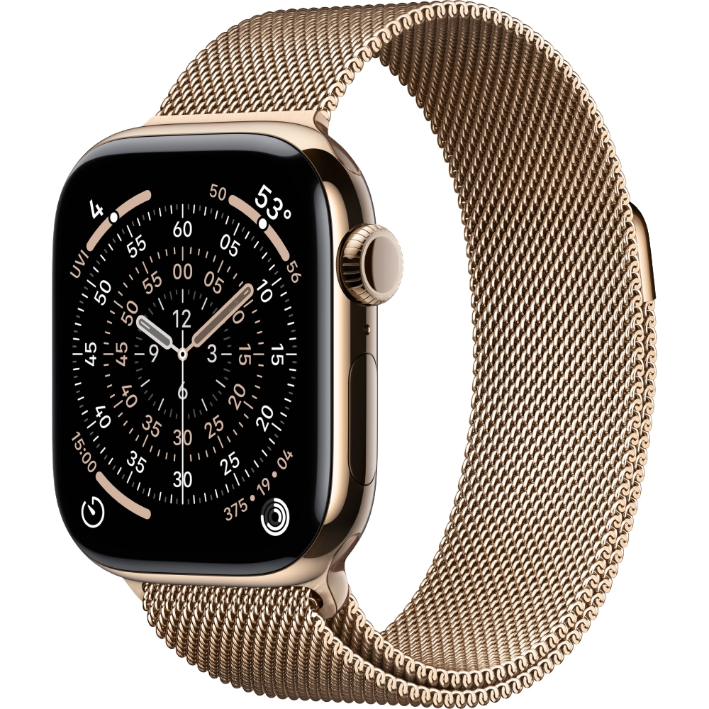 Фото Apple Watch Series 11, 42 мм, корпус из титана цвета «золотой», ремешок Milanese серого цвета, размер S/M На фото изображено Apple Watch Series 11, 42 мм, корпус из титана цвета «золотой», ремешок Milanese серого цвета, размер S/M
