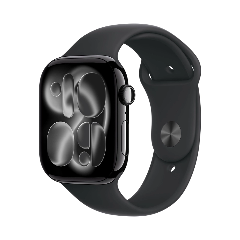 На фото изображено Apple Watch Series 11, 46 мм, корпус из алюминия цвета «Чёрный оникс», спортивный ремешок, размер M/L
