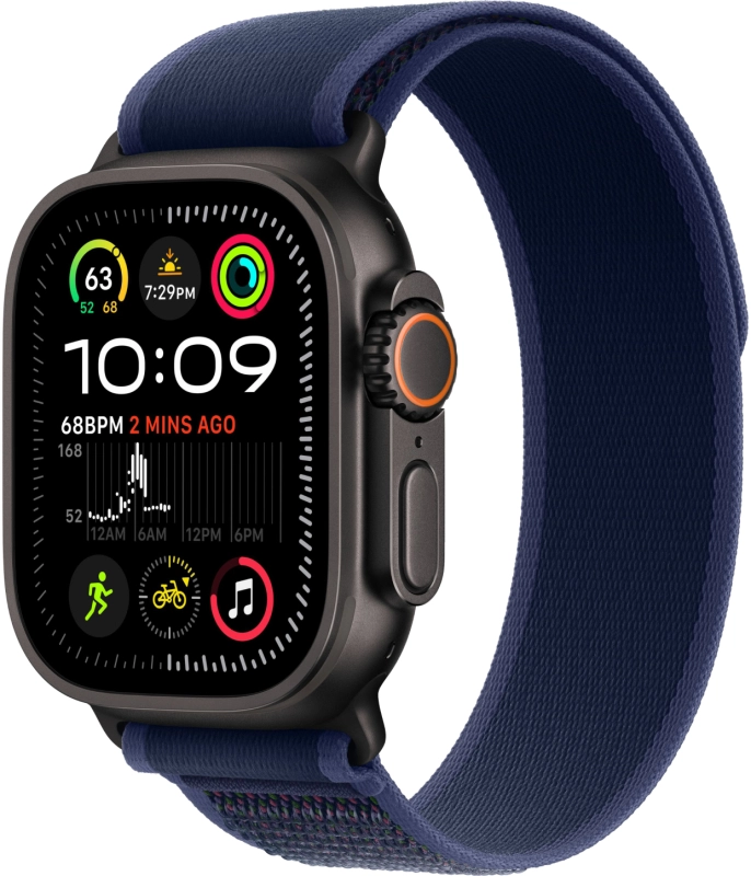 Фото Apple Watch Ultra 2 GPS + Cellular, 49 мм, корпус из черного титана, ремешок Trail синего цвета, размер M/L Фото Apple Watch Ultra 2 GPS + Cellular, 49 мм, корпус из черного титана, ремешок Trail синего цвета, размер M/L