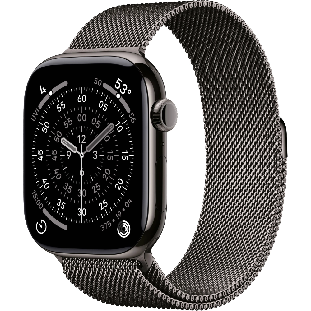 Фото Apple Watch Series 11, 46 мм, корпус из титана цвета «серый», ремешок Milanese серого цвета, размер S/M На фото изображено Apple Watch Series 11, 46 мм, корпус из титана цвета «серый», ремешок Milanese серого цвета, размер S/M