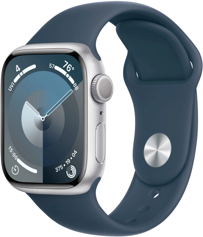 Фото Apple Watch Series 9, 41 мм, корпус из алюминия цвета «Серебристый», спортивный ремешок, размер S/M Фото Apple Watch Series 9, 41 мм, корпус из алюминия цвета «Серебристый», спортивный ремешок, размер S/M