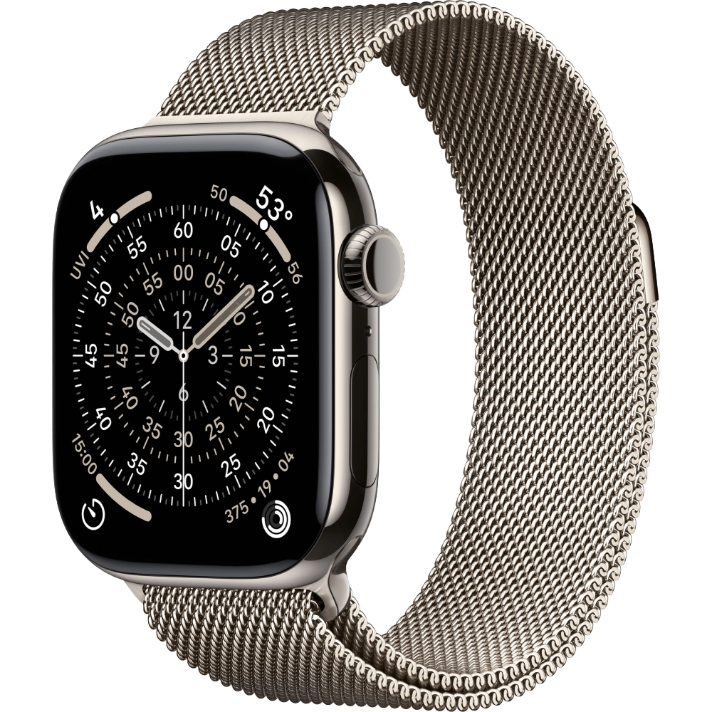 Фото Apple Watch Series 11, 42 мм, корпус из титана цвета «натуральный титан», ремешок Milanese титанового цвета, размер M/L На фото изображено Apple Watch Series 11, 42 мм, корпус из титана цвета «натуральный титан», ремешок Milanese титанового цвета, размер M/L
