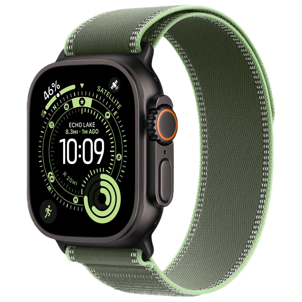 Фото Apple Watch Ultra 3 GPS + Cellular, 49 мм, корпус из чёрного титана, ремешок Trail, цвет зелёный, M/L Фото Apple Watch Ultra 3 GPS + Cellular, 49 мм, корпус из чёрного титана, ремешок Trail, цвет зелёный, M/L