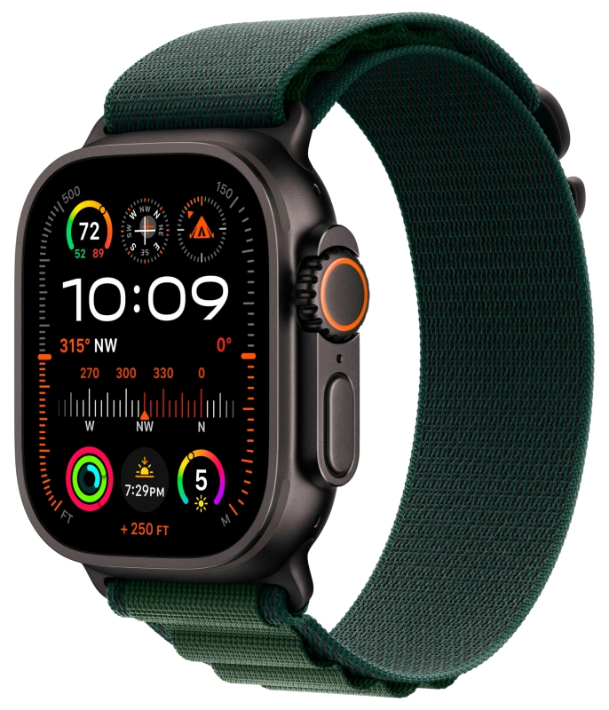 Фото Apple Watch Ultra 2 GPS + Cellular, 49 мм, корпус из черного титана, ремешок Alpine зеленого цвета, размер M На фото изображено Apple Watch Ultra 2 GPS + Cellular, 49 мм, корпус из черного титана, ремешок Alpine зеленого цвета, размер M