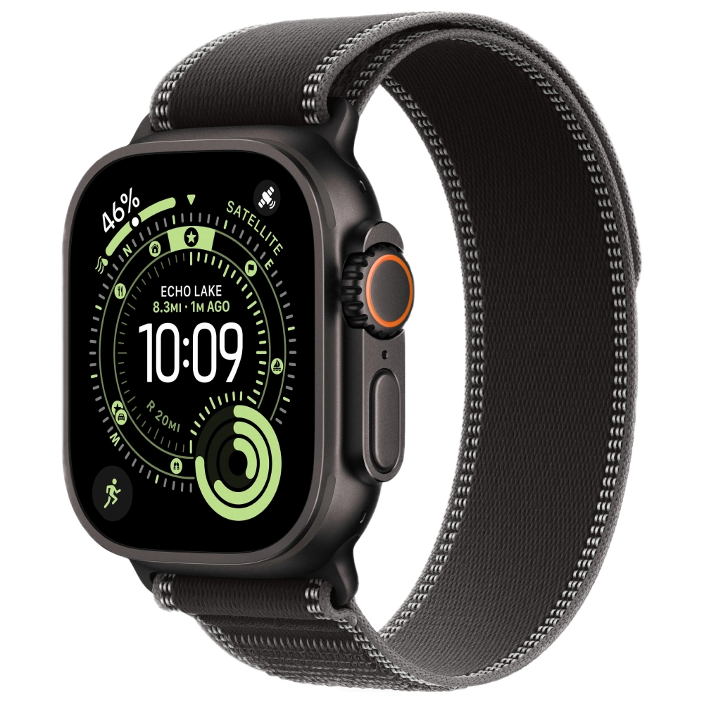 Фото Apple Watch Ultra 3 GPS + Cellular, 49 мм, корпус из чёрного титана, ремешок Trail, цвет чёрный, M/L На фото изображено Apple Watch Ultra 3 GPS + Cellular, 49 мм, корпус из чёрного титана, ремешок Trail, цвет чёрный, M/L
