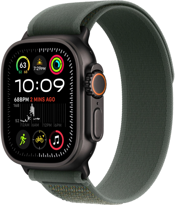 Фото Apple Watch Ultra 2 GPS + Cellular, 49 мм, корпус из черного титана, ремешок Trail зеленого цвета, размер S/M