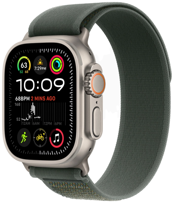 На фото изображено Apple Watch Ultra 2 GPS + Cellular, 49 мм, корпус из бежевого титана, ремешок Trail зелёного цвета, размер S/M