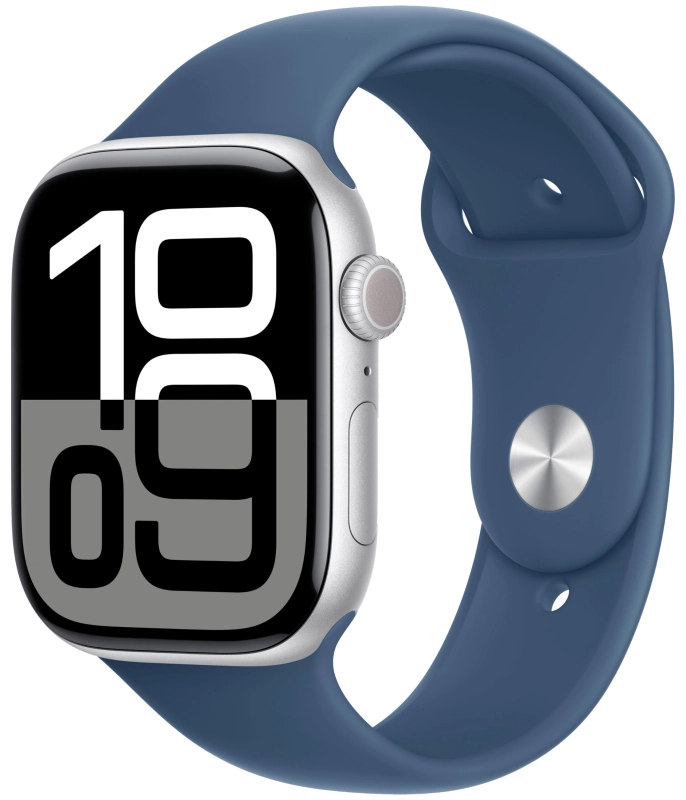На фото изображено Apple Watch Series 10, 46 мм, корпус из алюминия цвета серебристый, спортивный ремешок, размер S/M