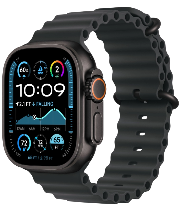 Фото Apple Watch Ultra 2 GPS + Cellular, 49 мм, корпус из черного титана, ремешок Ocean черного цвета На фото изображено Apple Watch Ultra 2 GPS + Cellular, 49 мм, корпус из черного титана, ремешок Ocean черного цвета
