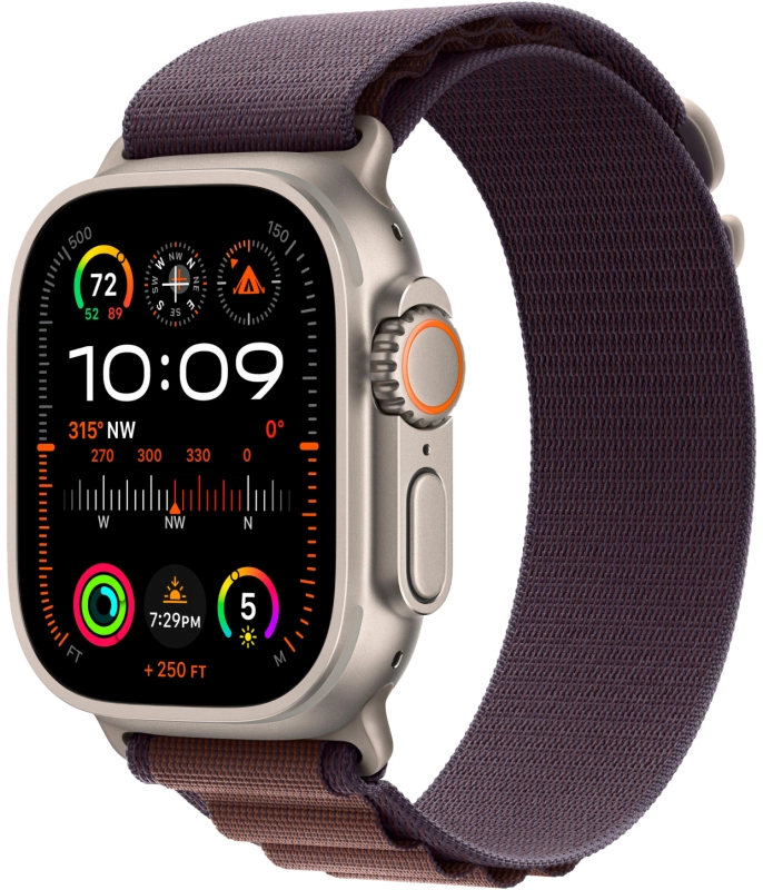 Фото Apple Watch Ultra 2 GPS + Cellular, 49 мм, корпус из титана, ремешок Alpine цвета индиго, L На фото изображено Apple Watch Ultra 2 GPS + Cellular, 49 мм, корпус из титана, ремешок Alpine цвета индиго, L